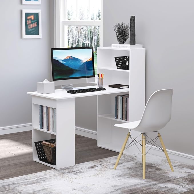 HOMCOM Modern Home Office Desk with 6-Tier Storage Shelves 47 Writing Desk with Bookshelf White