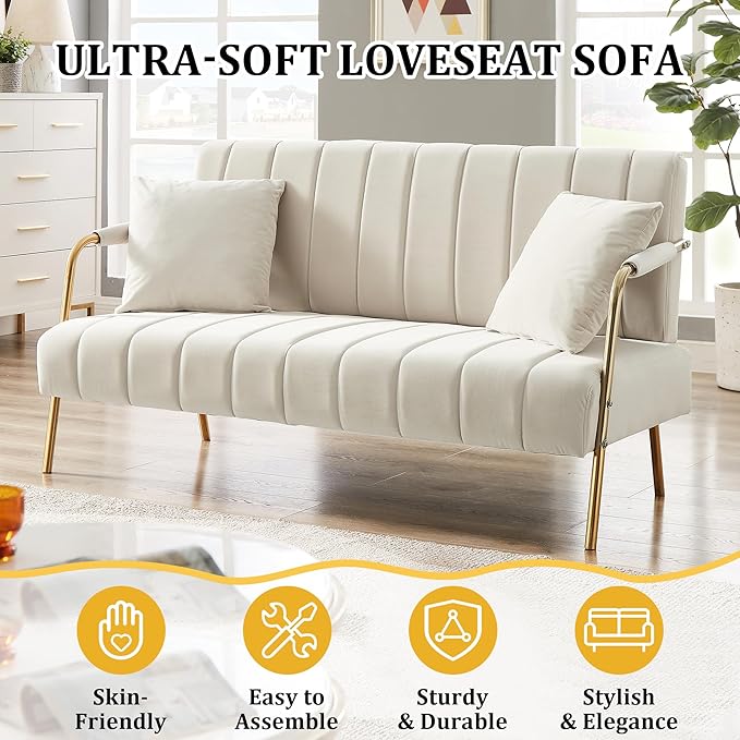 Dolonm 60 Velvet Loveseat 2 Seater Upholstered Couch with 2 Pillows Mid Century Pleated Velvet Sofa with Gold Metal Legs Perfect for Small Spaces Apartments Offices Bedrooms