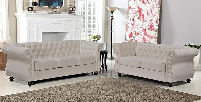 Feinstein Modern Velvet Chesterfield Couches for Living Room with Nailheads Diamond Tufting &amp Durable Metal Frame Loveseat Ivory