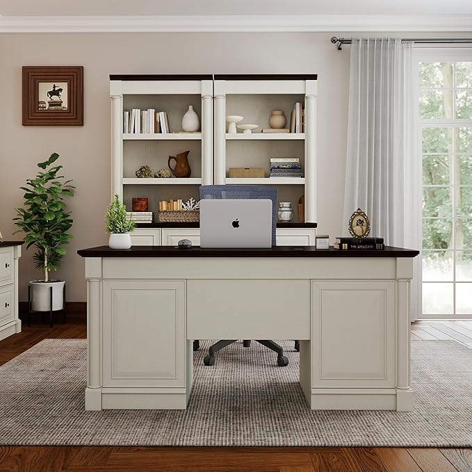 61.85″ Executive Desk with Roman Column Design Large Boss Office Desk 3 Drawers incl. File Drawer Keyboard Tray Cabinet Shelf with Door White with Brown Desktop