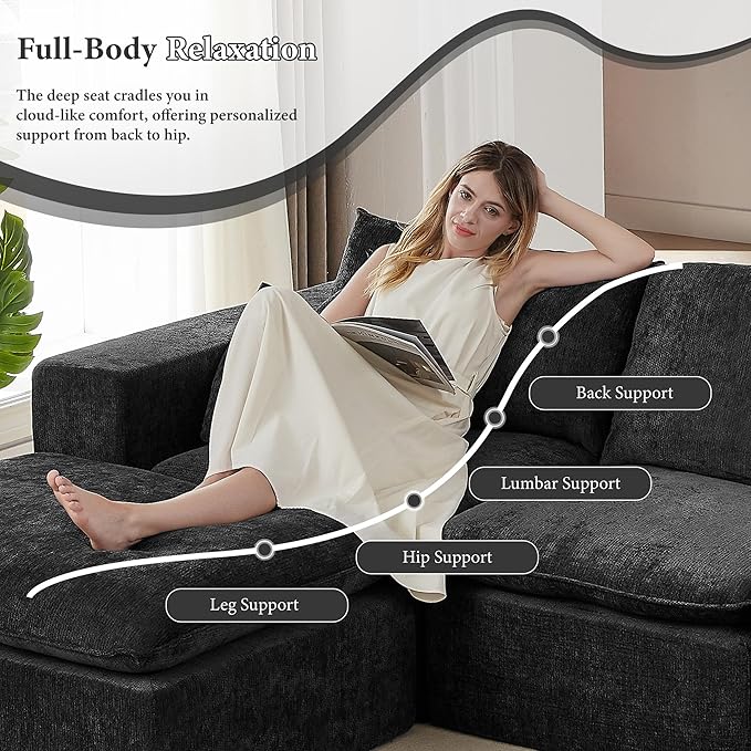 110 Sectional Couches for Living Room Boneless Couch Upholstered Cloud Couch Sectional Modular Sectional Sofa with L Shaped (Chenille-Black 3 Seat+2 Ottoman)