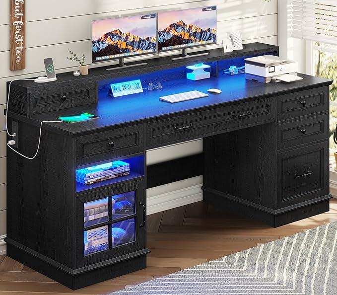 BTHFST 59.1 Executive Desk with File Drawer Home Office Desk with Charging Station &amp LED Lights Computer Desk with Drawers &amp Storage Cabinet Executive Office Desk with Monitor Stand Black