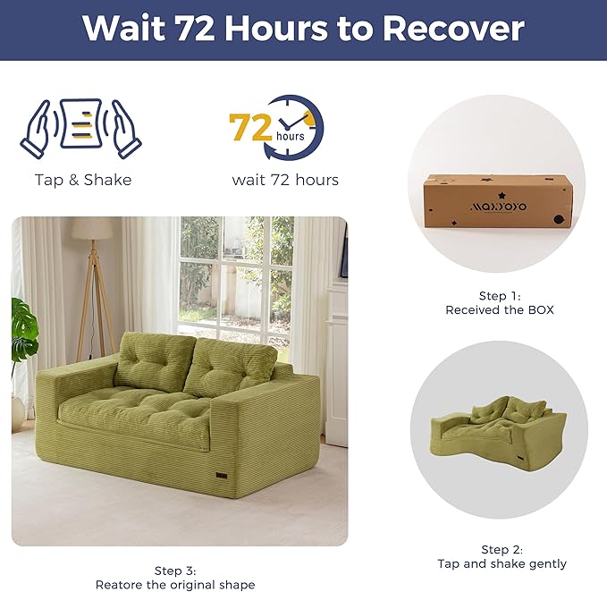 MAXYOYO 63 Boneless Sofa Couch 2-Seater Cloud Couch Floor Loveseat for Small Space with Pillows Tufted Floor Sofa with Layered Cushion for Apartment &amp Lounge No Assembly Required Green