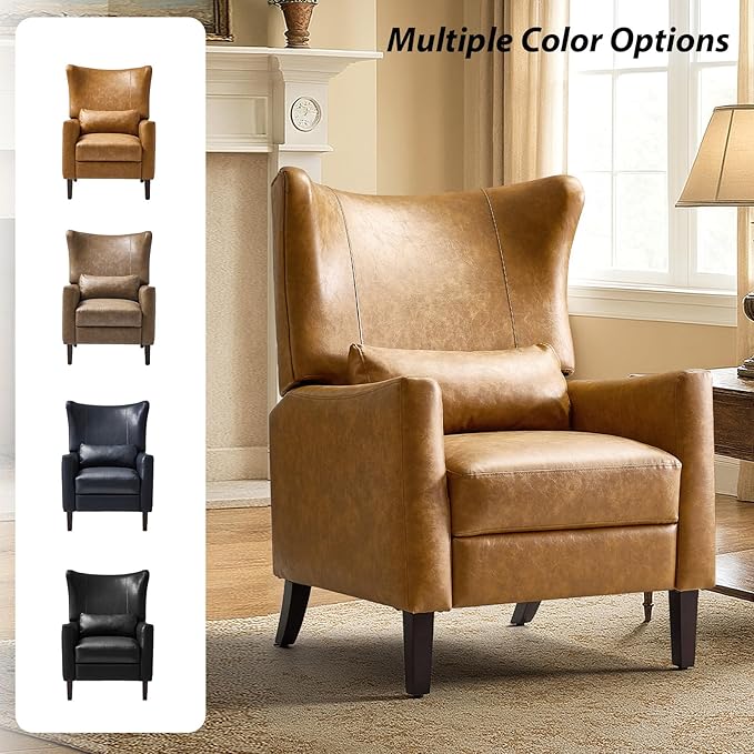 HULALA HOME Wingback Recliner Chair Faux Leather Upholstered Armchair with Lumbar Pillow Thick Padded Cushion and Solid Wood Legs for Living Room &amp Bedroom Set of 2 Camel