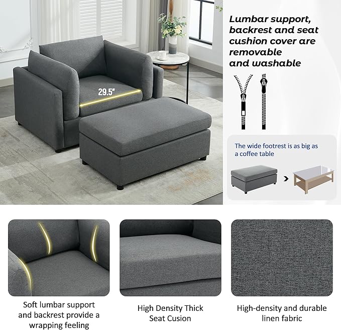 Modern Chenille Oversized Armchair with Ottoman 50.4 Wide Accent Chair Luxurious Linen Fabric Single Sofa Chair with Pillows and Wide Armrests Living Room Apartment Offices (Dark Grey-50.4'')