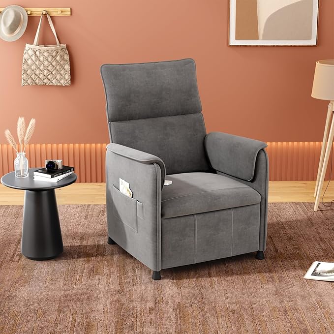 Recliner ChairElectric Adjustable Chenille Recliner with Remote Control and Padded BackrestHome Theater Recliner Single Sofa Seat with Thick Seat Cushion for Living Room Bedroom (Grey)