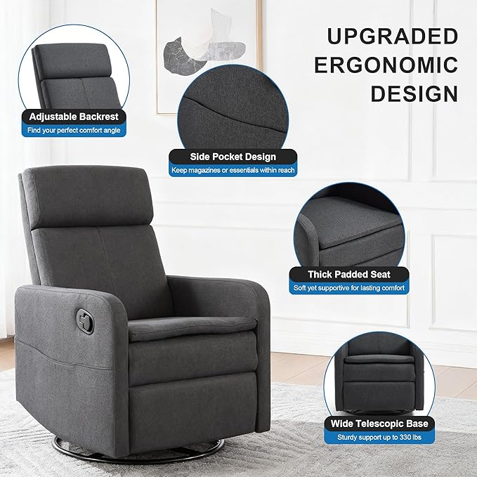 Swivel Rocking Recliner Chair for Adults Upholstered Fabric Glider Recliner Reclining Chair with Side Pockets and Double-Thick Cushion for Living Room Bedroom Nursery (Grey)