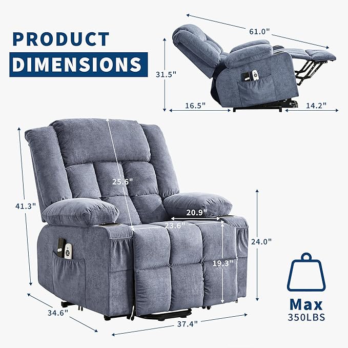 Large Power Lift Recliner Chair for Elderly with Massage and Heat 3 Positions 2 Side Pockets and 2 Cup Holders USB Ports