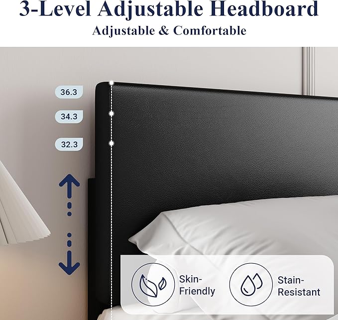 Allewie King Size Bed Frame with Adjustable Headboard Faux Leather Platform Bed with Wood Slats Heavy Duty Mattress Foundation No Box Spring Needed Noise-Free Easy Assembly Black