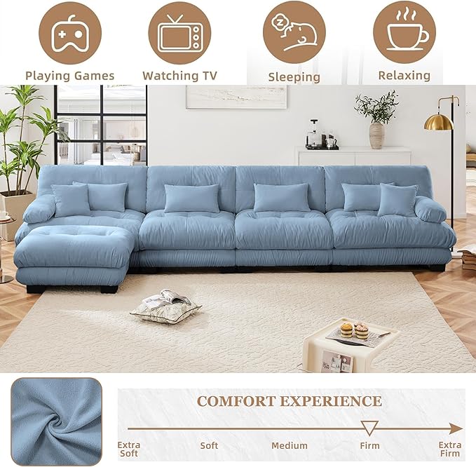 Modular Sectional Sofa 173.2 Oversized L Shaped Couch with 6 Pillows Chenille Deep Seat Soft Sofa Couches Comfy Cloud Couch for Living Room (Blue 4 Seat + 1 Ottoman)