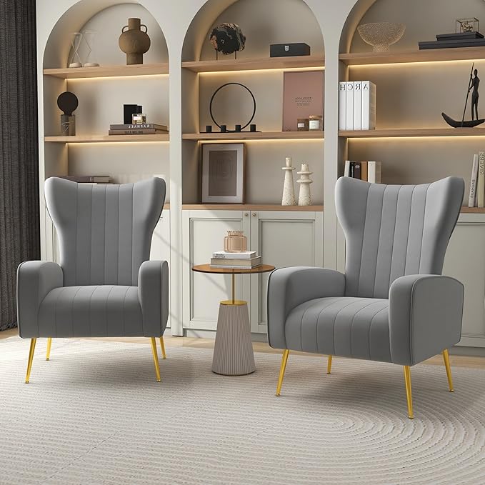 Accent Chair Upholstered Armchair with High Wingback &amp Metal Legs Mid-Century Modern Comfy Single Sofa Reading Chairs for Living Room Bedroom (Grey Set of 1)