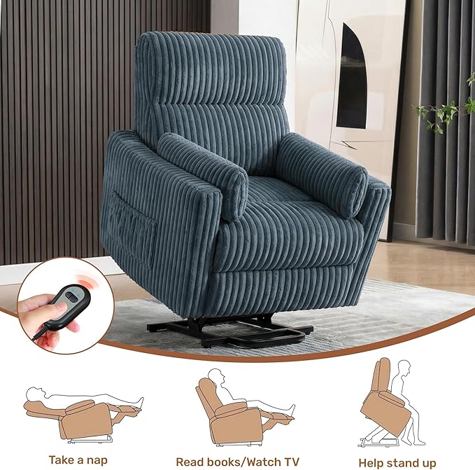 Power Lift Recliner ChairElectric Nursery Chair for Elderly Round Plush Faux Fur with Footrest Blue