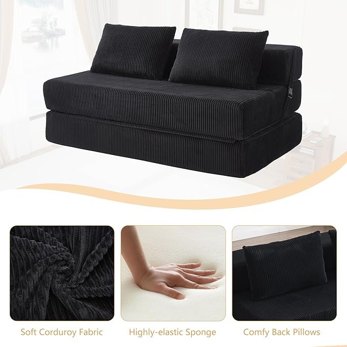 Folding Sofa Bed Full Size Modern Corduroy Floor Boneless Loveseat Couch Bed with 2 Pillows Comfy 3 in 1 Convertible Sleeper Sofa for Living Room Apartment Dorm Small Space Black