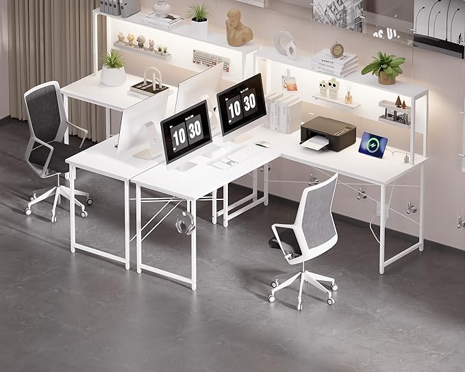 Pamray 60 Inch L Shaped Gaming Desk with LED Lights and Power Outlets Reversible Corner Computer Desk with Pegboard Storage Shelves Home Office Table for Work Study White