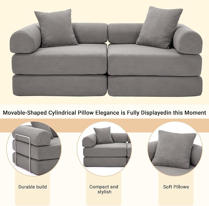 73 Convertible Sleeper Sofa Bed Corduroy Boneless Couch in a Box 4-in-1 Folding Mattress Loveseat Couch Comfy Modular Foldable Floor Sleeper Sofa with 2 Pillows and Fixed-Shape Frame (Gray 73)