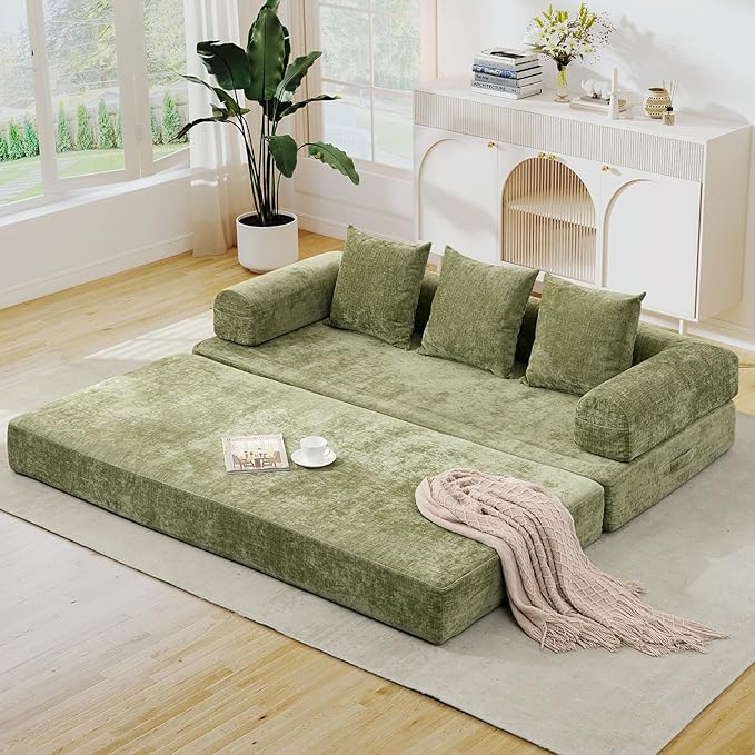 3 in 1 Convertible Futon Sofa Bed Modern King Size Chenille Loveseat Sleeper Sofa Folding 3-Seater Foldable Lounger Couch Bed for Living Room Bedroom Guest Room (Green 3 Throw Pillows)
