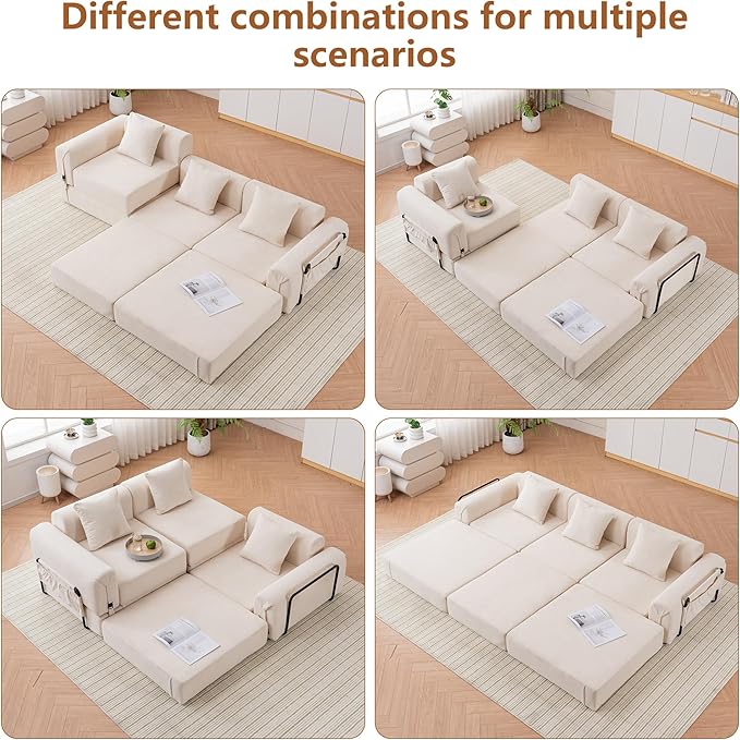 Oversized Cloud Modular Sectional Couch 3-in-1 Modular Floor Sofa with Deep Seat 3-Seater Folding Sofa Bed with 3 Pillows Large Sectional Couches for Living Room No Assembly Required Beige