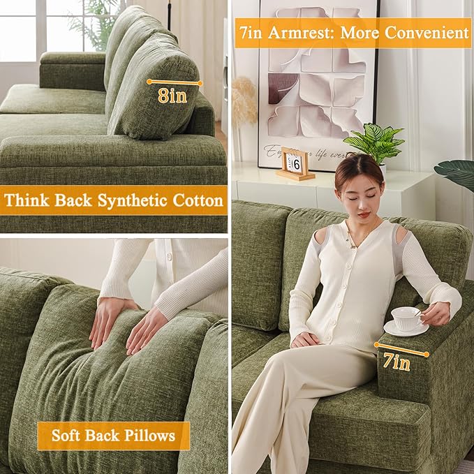 Sectional Couch Sofa with Armrest Organizer85 L Shaped Couch with OttomanVelvet Convertible Couches for Living Room3 Seats Sofas Set for BedroomHome FurnitureGreen