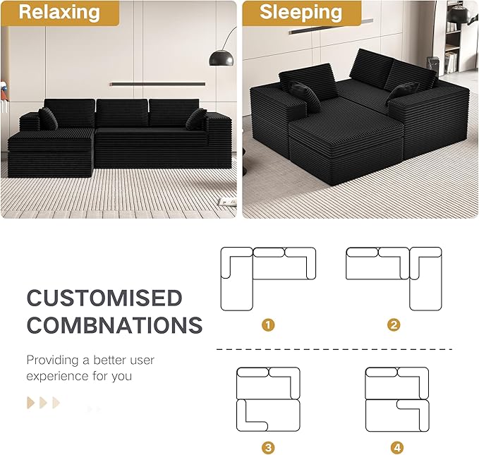Extra Firm 108” Cloud Boneless Couches for Living RoomModular Sectional Cloud Couch with Deep Seat High-resilience Foam / Sag-resistant / Keeps its form No Assembly Required (Left-Facing Chaise） |