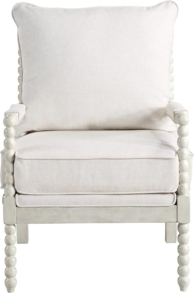OSP Home Furnishings Kaylee Spindle Accent Chair with Antique White Wood Frame White Linen Fabric