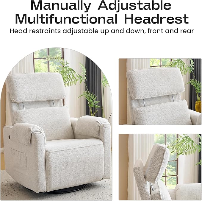 Oversized Power Recliner Chair Swivel Glider with Adjustable Headrest Swivel Rocking Recliner Chair for Adults 26 Extra Wide Glider Nursery Chair with Overstuffed Armrest USB Ports White