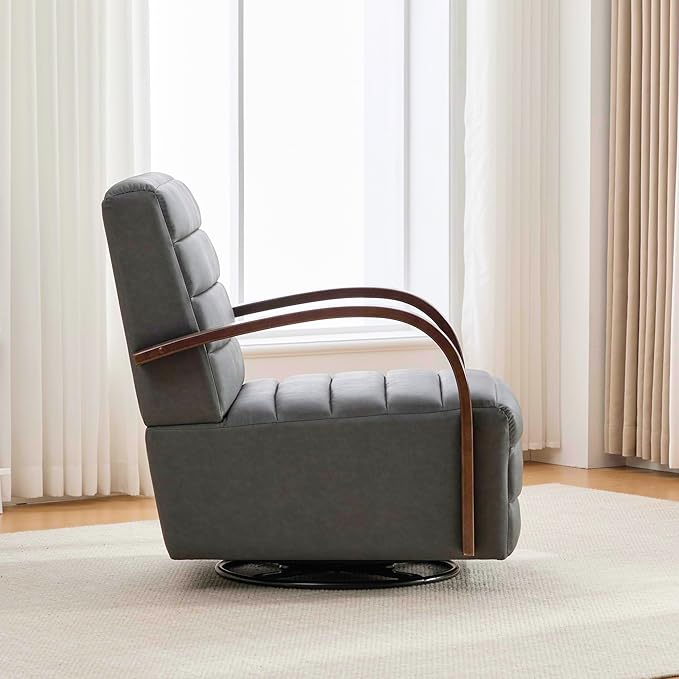 30.3 W Swivel Modern Boucle Upholstered Accent Chair with Solid Wood Armrests Comfy Lounge Reading Chair Side Armchair for Hotel Bedroom Living Room Office Nursery Room (Gray+PU)