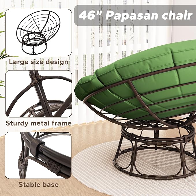 46'' Large Size Papasan Chair (Non-Swivel) with Cushion and Frame Lazy Chair for Living Room and Bedroom Green