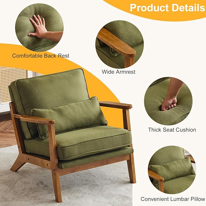 Karl home Accent Chair Wide Armrest Mid-Century Lounge Chair Linen Fabric Armchair with Lumbar Pillow &amp Solid Wood Frame for Living Room Bedroom Balcony Green
