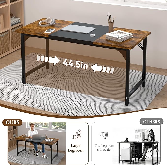 55inch Computer Desk with Deeper Carbon Fiber Desktop Gaming Office Desk with Sturdy Metal FrameHome Office Desk for Gaming Working Studying Rustic Brown