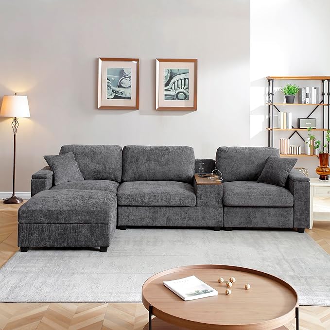 Oversized L-Shaped Modular Sectional Sofa with Storage Armrest Reversible Couch with Movable Ottoman USB Ports Cup Holders 360°Swivel Tray Comfy Cloud Cushions for Living Room or Apartment Gray