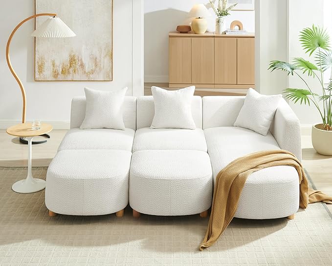 VANOMi 109.84 Modular Sectional Sofa with 3 Pillows Convertible 5-Seater Comfy Boucle Cloud Couch with Ottoman Modern Sectional Sofas for Living Room Office Apartment (White)