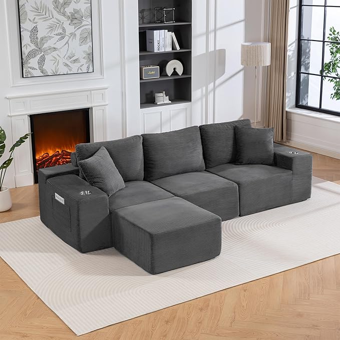 110Modular Sectional Sofa CouchesConvertible L-Shape Cloud Couch 3 Seat Oversized Chaise with OttomanCompressed FoamComfy BonelessSide PocketsCup Holders for Living RoomApartmentCorduroy Grey