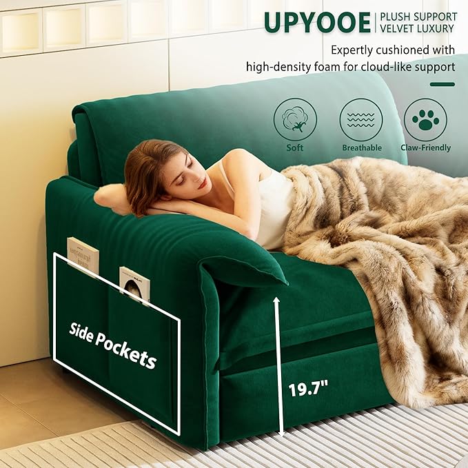 63.8 Futon Sofa Bed Queen Size Pull Out Bed 3-in-1 Convertible Sleeper Sofa with Side Pocket Modern Velvet Futon Couch for Living Room Small Space Apartment Bedroom Green