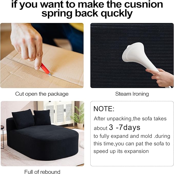 46 Chaise Lounge Chair Indoor Cloud Sleeper Sofa Bed with Pillows Corduroy Upholstered Sofa Couch for Living Room Apart No Assembly Required Black