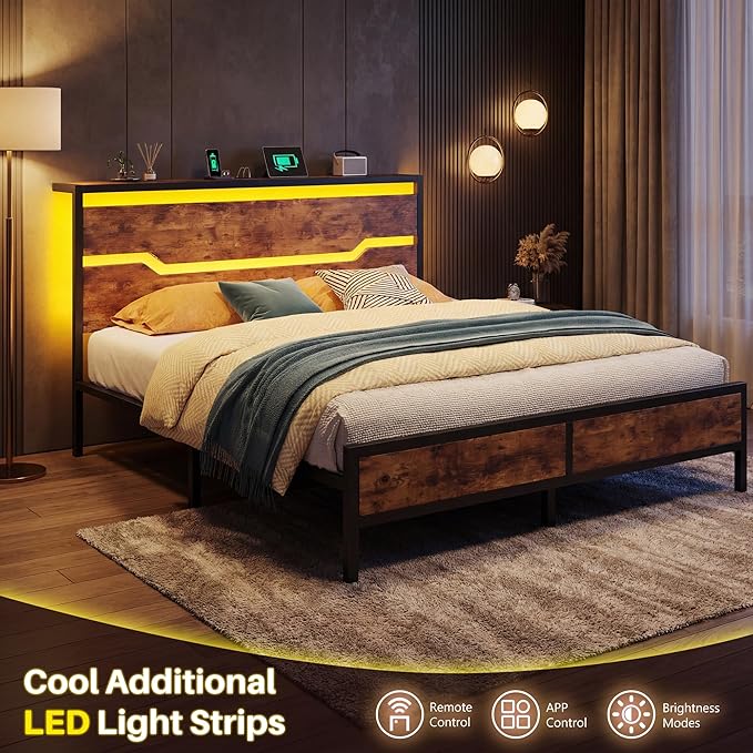 Full Size Bed Frame with LED Lights &amp Charging Station Bed Frame Full with Headboard13 Under Bed Storage Noise-Free Heavy Duty Metal Support Modern Brown