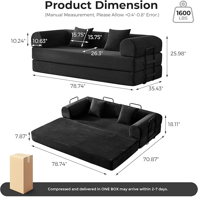 5-in-1 Convertible Sofa Bed No Assembly 79 Fixed Steel Frame Sleeper with High-Resilience Foam Corduroy Modular Couch Foldable for Small Space Apartment Studio (Black)