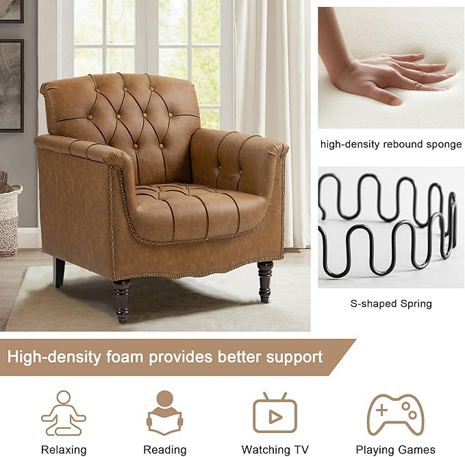 Lumibee Faux Leather Armchair Contemporary Accent Chair with Nailhead Trims &amp Wood Legs for Living Room Upholstered Comfy Arm Chair for OfficeBedroom-Camel