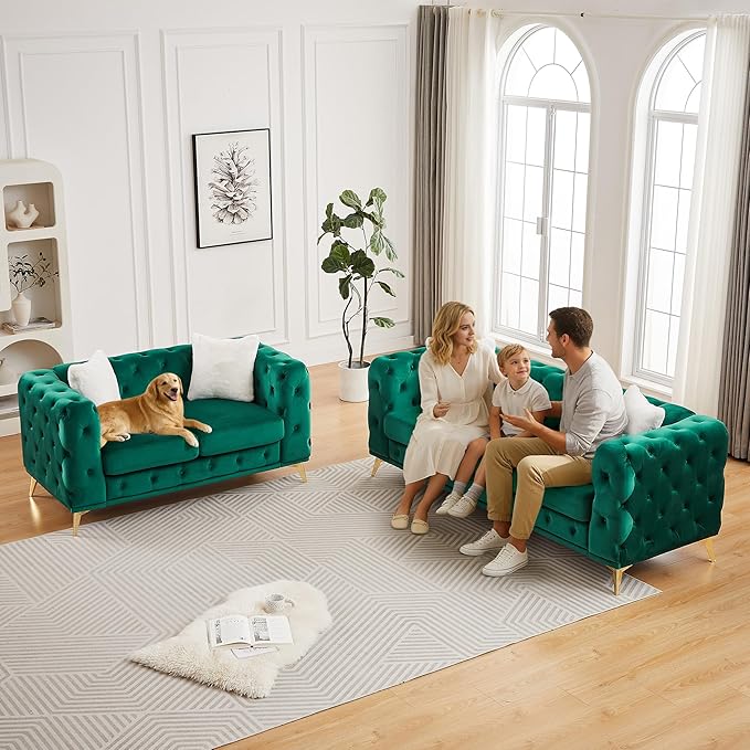 2 Piece Velvet Chesterfield Sofa Set Mid-Century Modern Love Seat Button Tufted Couch with Curved Arms Gold Metal Legs Deep Seat Comfortable Living Room Set Furniture (Green Couch and Loveseat)