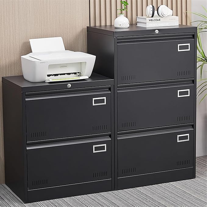 2 Drawer Metal Lateral File Cabinet with Lock Office Vertical File Cabinet for Home Office Legal/Letter/A4 Size Locking Metal File Cabinet Assembly Required Storage Drawers (Black)
