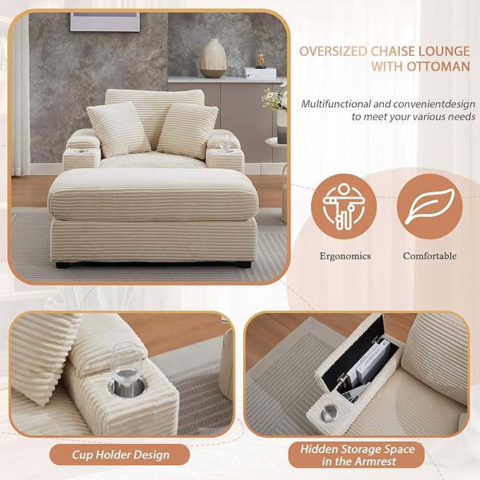 50 Oversized Chaise Lounge Chair Indoor with Ottoman and Storage Comfy Corduroy Sleeper Chair with Cup Holder Deep Seat Upholstered reading Chair Reclining Chair for Living Room Bedroom(Beige)