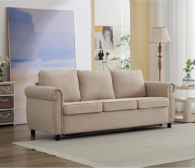 Pull Out Sofa Bed Queen Size Sleeper Sofa with Memory Foam Mattress 3 in 1 Convertible Pullout Couch Bed 3-Seater Comfy Upholstered Loveseat Sofas for Living Room Guest Room RV (Beige Linen)