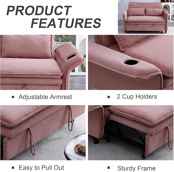 3 in 1 Convertible Sleeper Sofa Bed Loveseat Sleeper 65” Pull Out Couch Adjustable Armrest and Backrest with 2 Pillows for Living Room Bedroom (Pink)