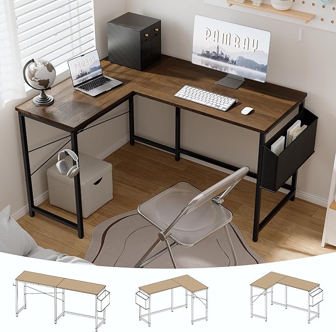 Pamray 47 Inch Reversible L Shaped Gaming Desk Corner Computer Desk with Storage Bag Home Office Table for Writing Study Brown