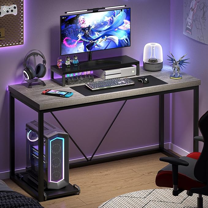 FOLUBAN Modern Home Office Desk Industrial Vintage Computer Desk Rustic Wood and Metal Study Writing Table Simple Work Gaming PC Desks for Bedroom Living Room Light Grey 53 Inch