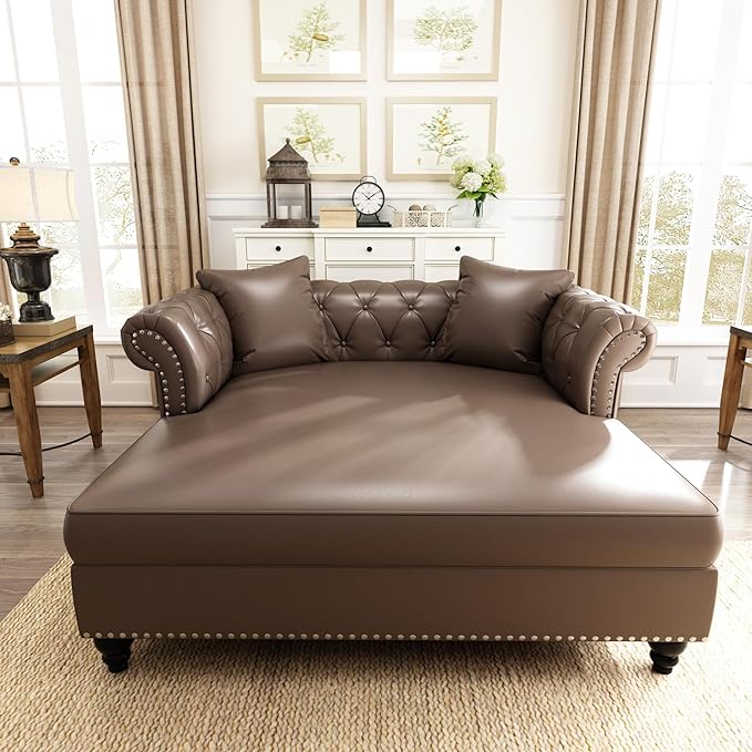 62.99 Chaise Lounge Indoor Comfy Reading Chair with 2 Pillows PU Leather Chesterfield Loveseat Sofa with Tufted Back &amp Rolled Arm Oversized Chaise Lounge Couch Indoor for Living Room Brown