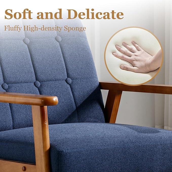 Linen Accent Chair Set of 2 Mid-Century Modern Armchair with Solid Wood Armrests Button-Tufted Comfortable Cushioned Reading Chairs for Living Room Bedroom (Navy