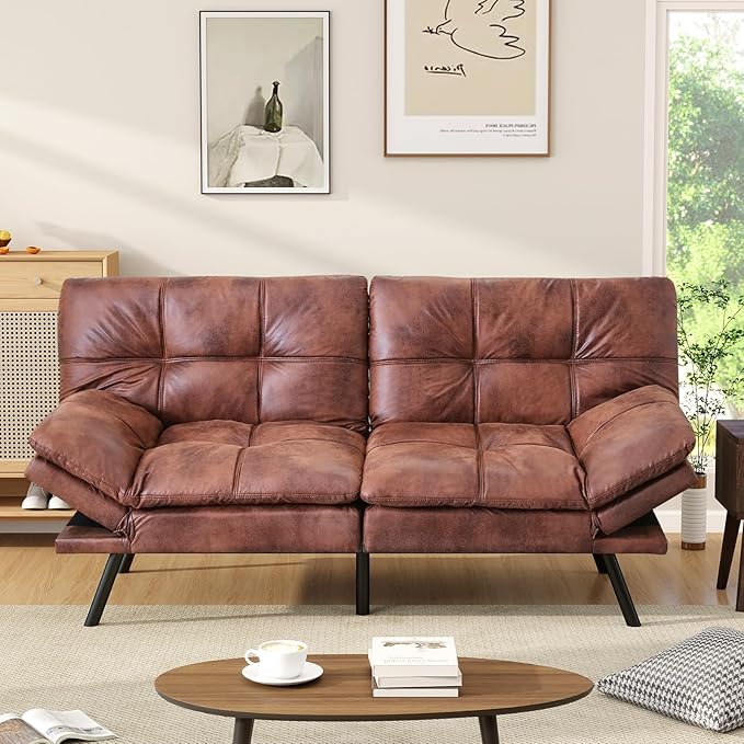 Opoiar Faux Leather Sleeper SofaMemory Foam Futon Sofa BedFoldable Couch SleeperCompact Sofa Padded with Metal Legs Modern Convertible Loveseat Sofa for Living RoomApartmentStudioBrown