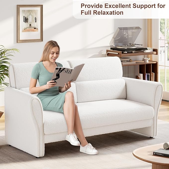 57inch Modern Loveseat Sofa Small Couch with High Backrest and Removable Lumbar Pillows Easy Assembly Upholstered Comfy Sofa for Living Room Bedroom OfficeWhite