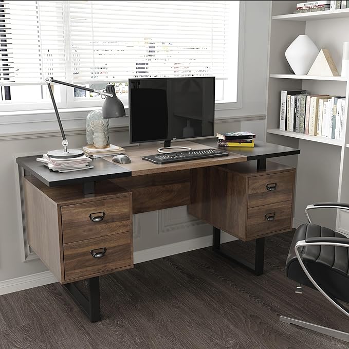 Computer Desk with Drawers 59 L Contemporary Home Office Laptop Desk with Floating Desktop and 4 Storage Drawers Vintage Study Gaming Table with Metal Frame Black &amp Walnut CTSZ20401WACM