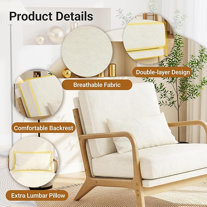 Claiks Mid-Century Modern Accent Chair Living Room Armchair with Solid Wood Frame &amp Lumbar Pillow Comfy Upholstered Lounge Chair for Bedroom Office Corduroy Beige